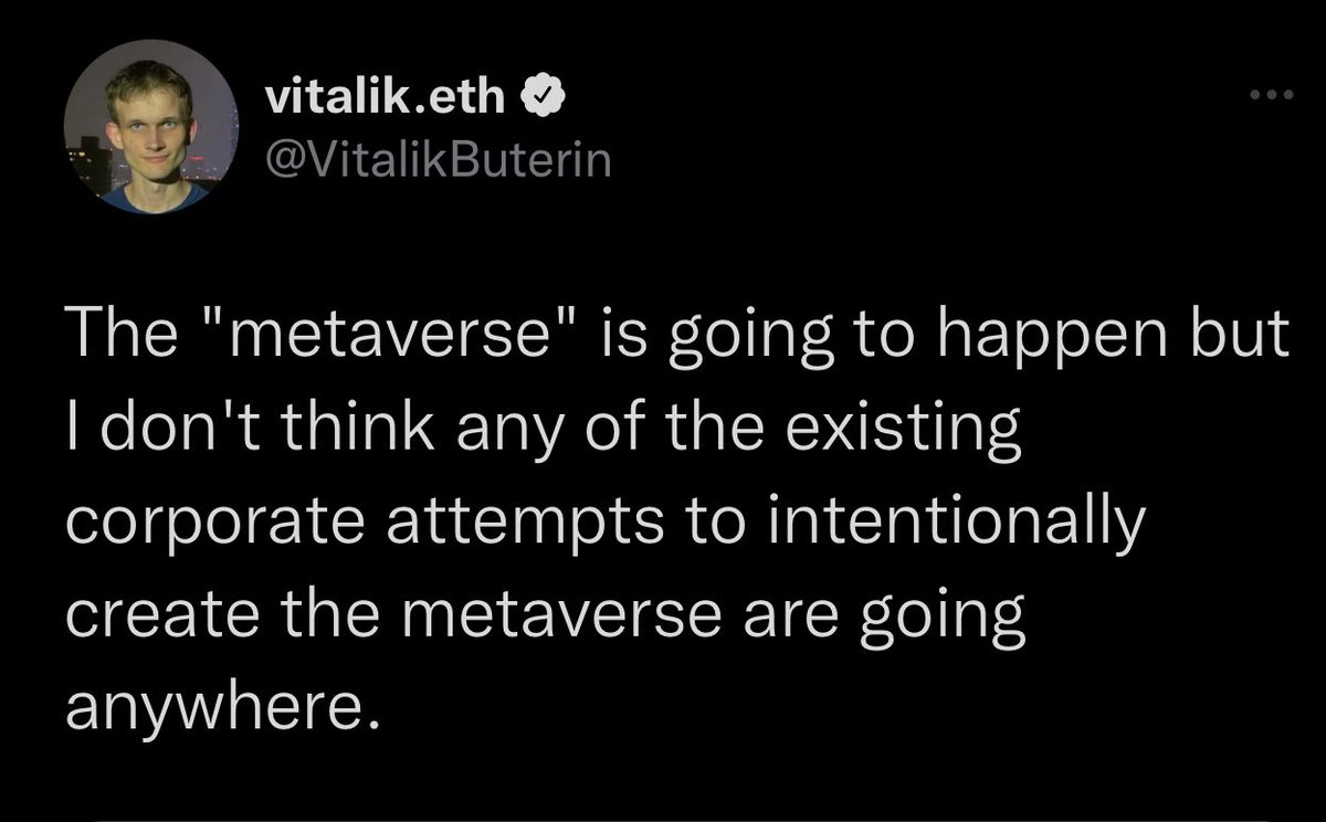 JUST IN: #Ethereum Founder Vitalik Buterin says he does not think current "corporate attempts to intentionally create the metaverse are going anywhere."