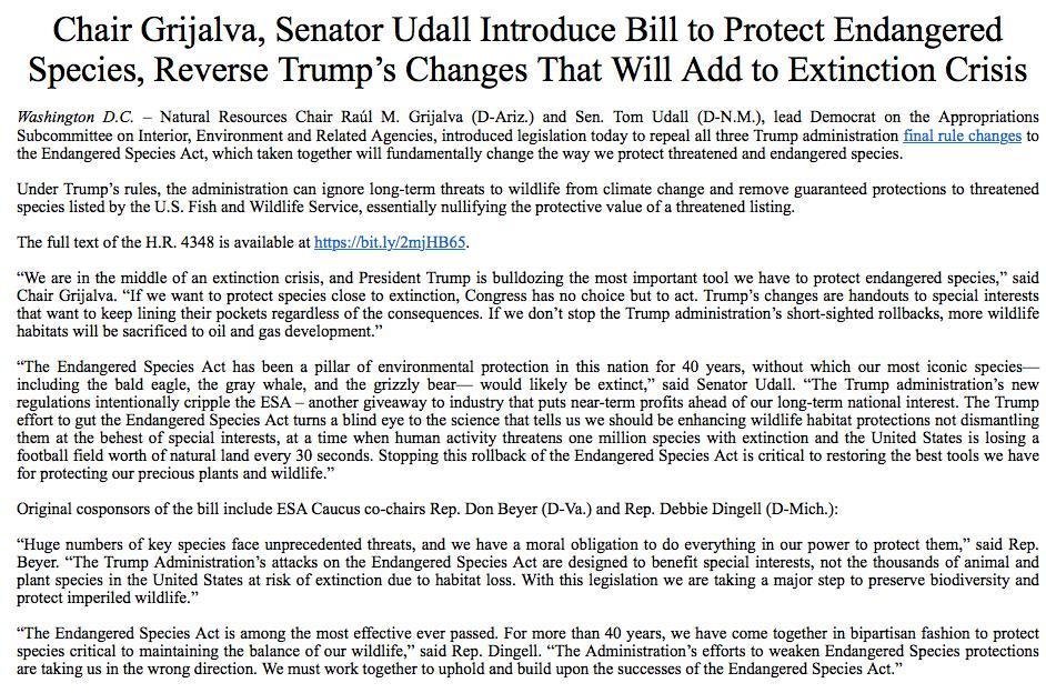 greennomad61's tweet photo. 2019 #TrumpExtinctionPlan
Senator Udall & Chair Grijalva introduced legislation to repeal all three Trump administration final rule changes to the #EndangeredSpeciesAct ...are we there yet ❓ What about #RelistWolves ALL wolves? https://t.co/ko1LTKPC0f