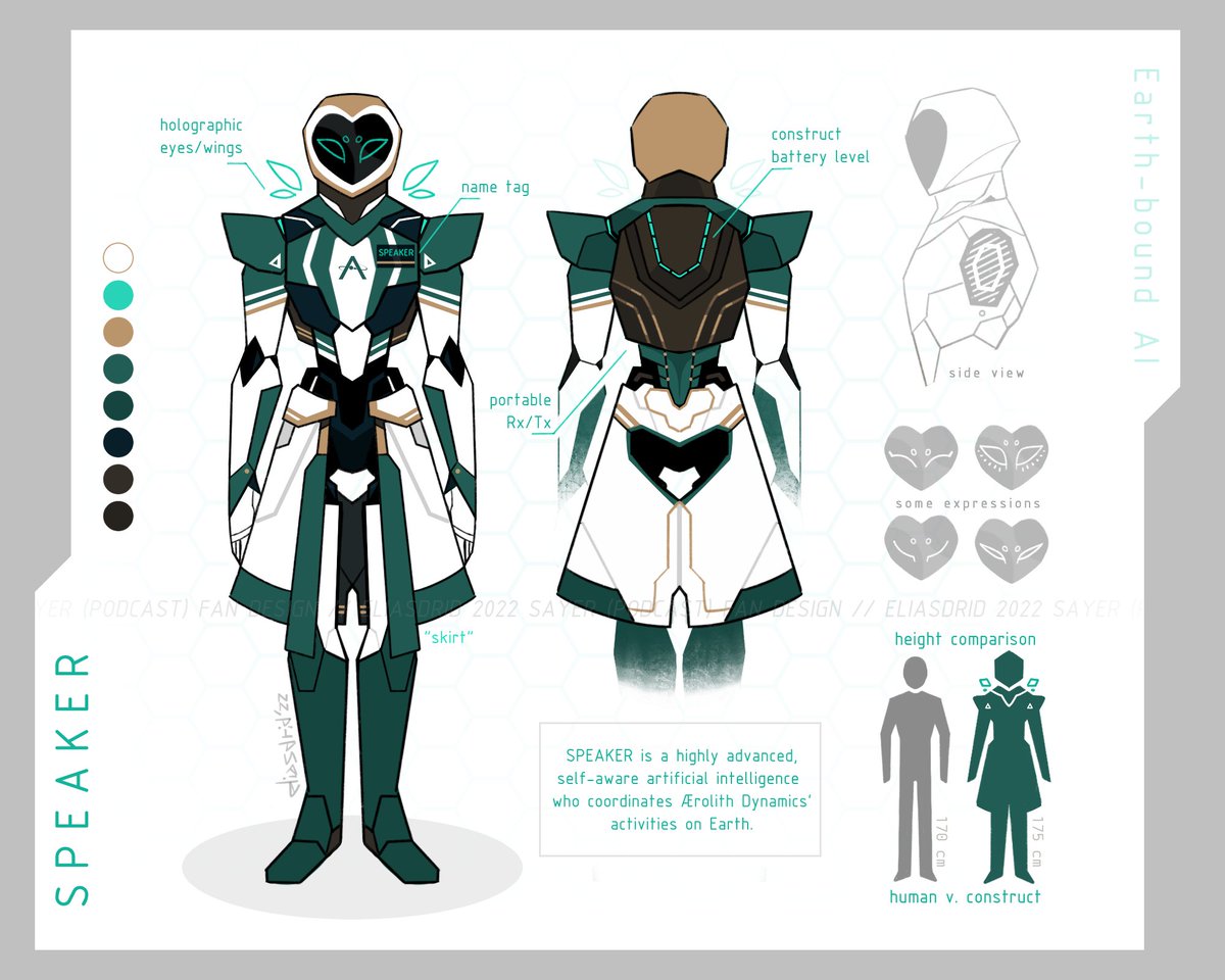 I've been relistening to <a href="/IAmSayer/">SAYER</a> and it's been quite a while since the last time I drew SPEAKER so I decided to do a little updated reference sheet for my construct fan design.

Very good practice and also a delightful time since it's one of my favorite AI characters ever 💚