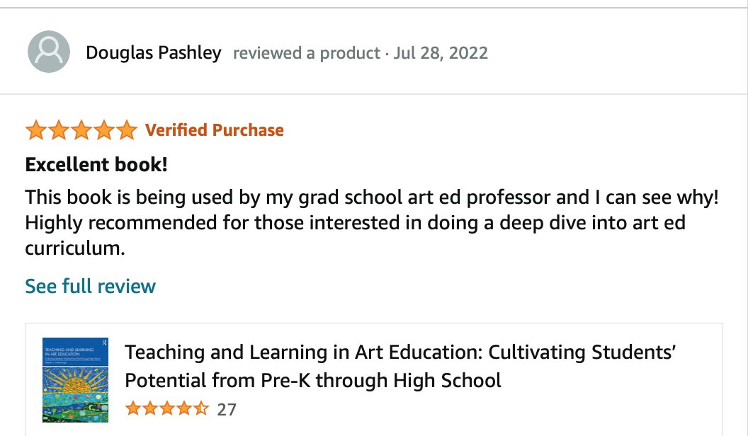 Debrah Sickler-Voigt, PhD (@arteducationus) on Twitter photo So excited to receive this excellent review on Amazon for "Teaching and Learning in Art Education." ❤️ #arteducation #arted #highereducation #textbook #K12 #STEAM <a href="/RoutledgeEd/">Routledge Education Books</a> <a href="/routledgebooks/">Routledge Books</a> <a href="/juliadolinger/">Julia Dolinger</a> <a href="/simonjacobs_ed/">Simon Jacobs</a> So excited to receive this excellent review on Amazon for "Teaching and Learning in Art Education." ❤️ #arteducation #arted #highereducation #textbook #K12 #STEAM <a href="/RoutledgeEd/">Routledge Education Books</a> <a href="/routledgebooks/">Routledge Books</a> <a href="/juliadolinger/">Julia Dolinger</a> <a href="/simonjacobs_ed/">Simon Jacobs</a>