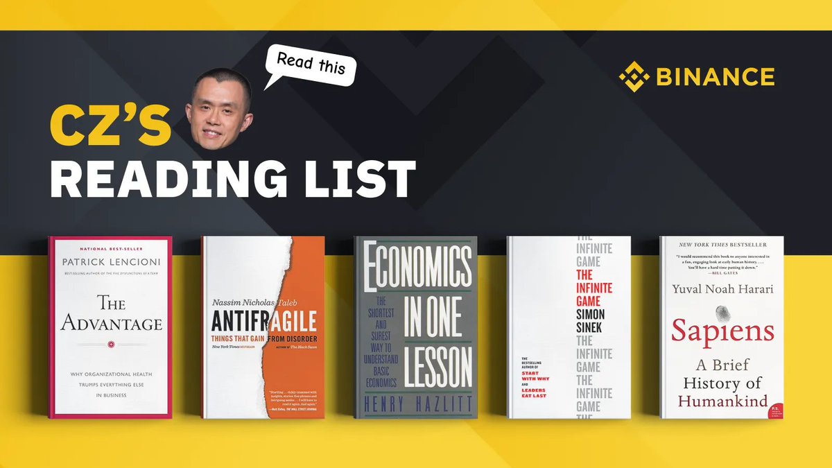 binance's tweet photo. Looking for some books to read this weekend? 

Here is @cz_binance’s reading list ⬇️ https://t.co/MMYEHQKsfm
