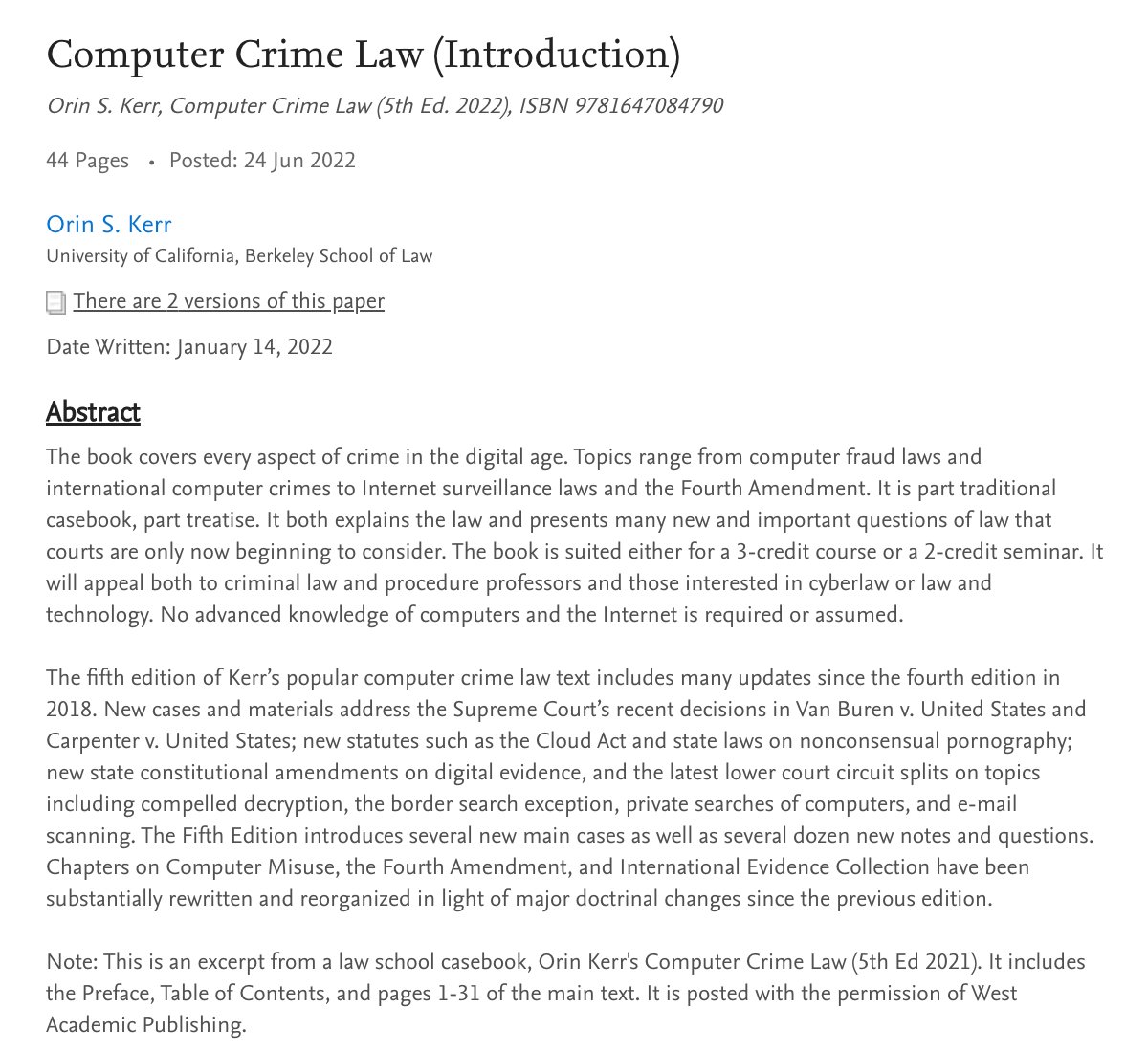 OrinKerr's tweet photo. If you're interested in learning about the field of Computer Crime Law, you can download the first 40+ pages of my casebook on the subject, now in its 5th Edition, for free. 
Download it here:        
https://t.co/axDa12uezU https://t.co/elnM113YRs