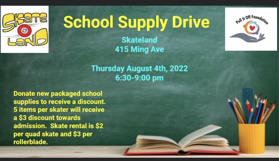 School supply drive. Thursday Aug. 4th 6:30-9pm