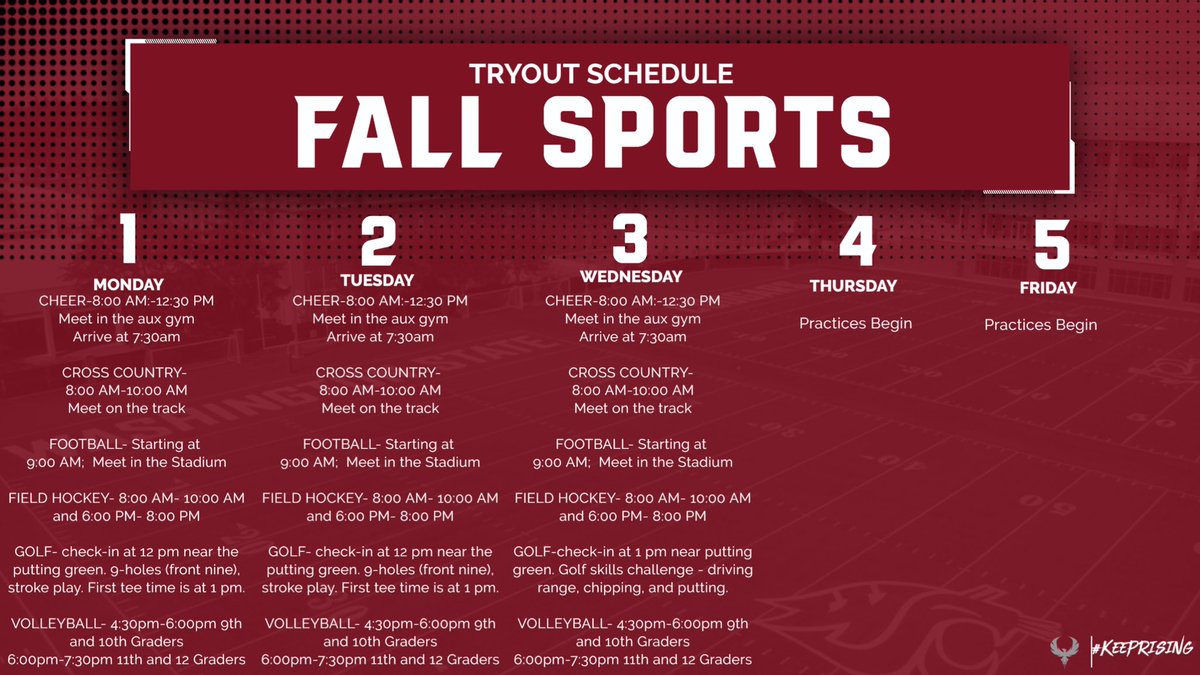 🔥🔥 Fall Sports Tryouts Schedule ! 🔥🔥

Check out tryout times for each day and each sport. In order to tryout you must turn in a VHSL physical dated after 5/1 and register online. 

🔥📣🏈🏑⛳️🏃🏻‍♀️🏃🏽🏐🔥