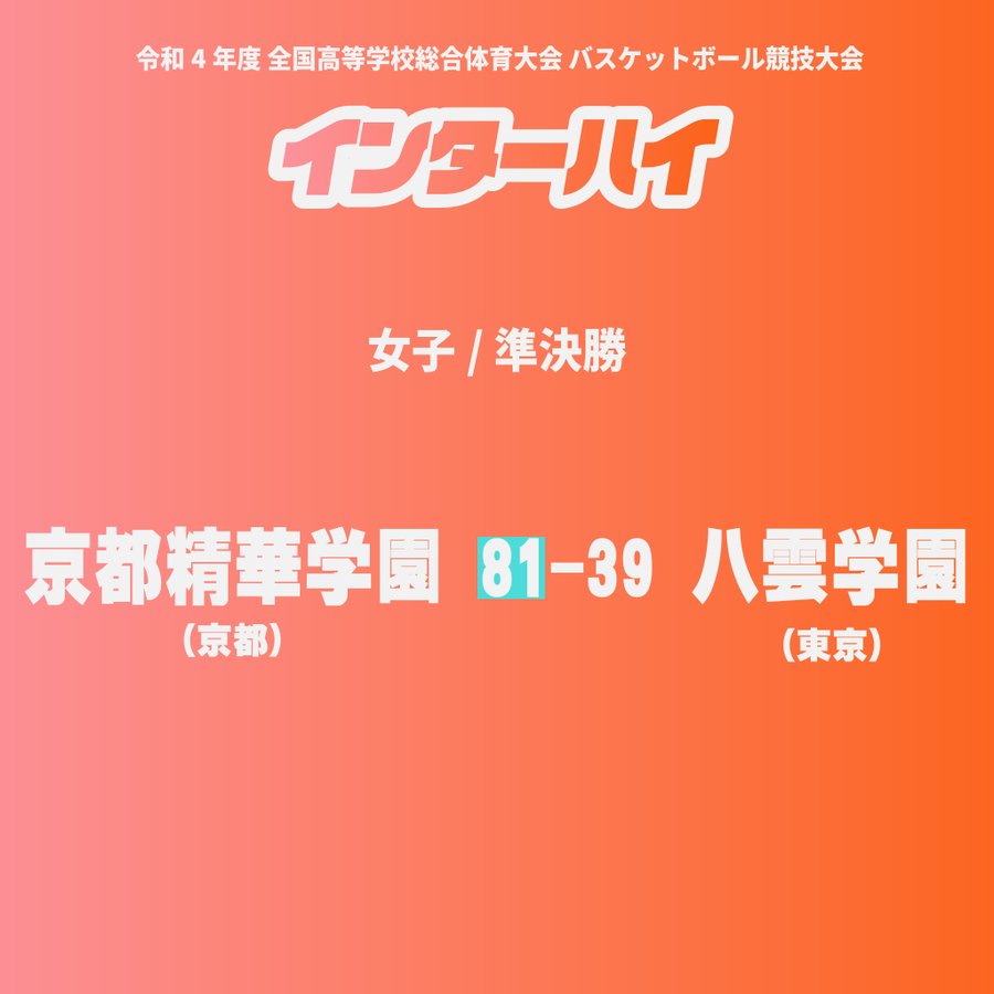 22 バスケットボール インターハイ 女子準決勝 第1試合 京都精華学園が八雲学園を42点差で下し決勝進出 Basketball Press