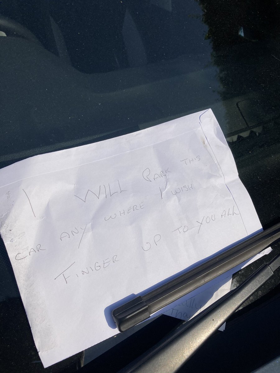 This Skoda has been parked here for days, and it’s on a popular school walk so loads of kids are having to go into the road near a junction to get round it.  Someone fairly politely pointed this out on a note under the windscreen a couple of days ago. The driver sounds nice…