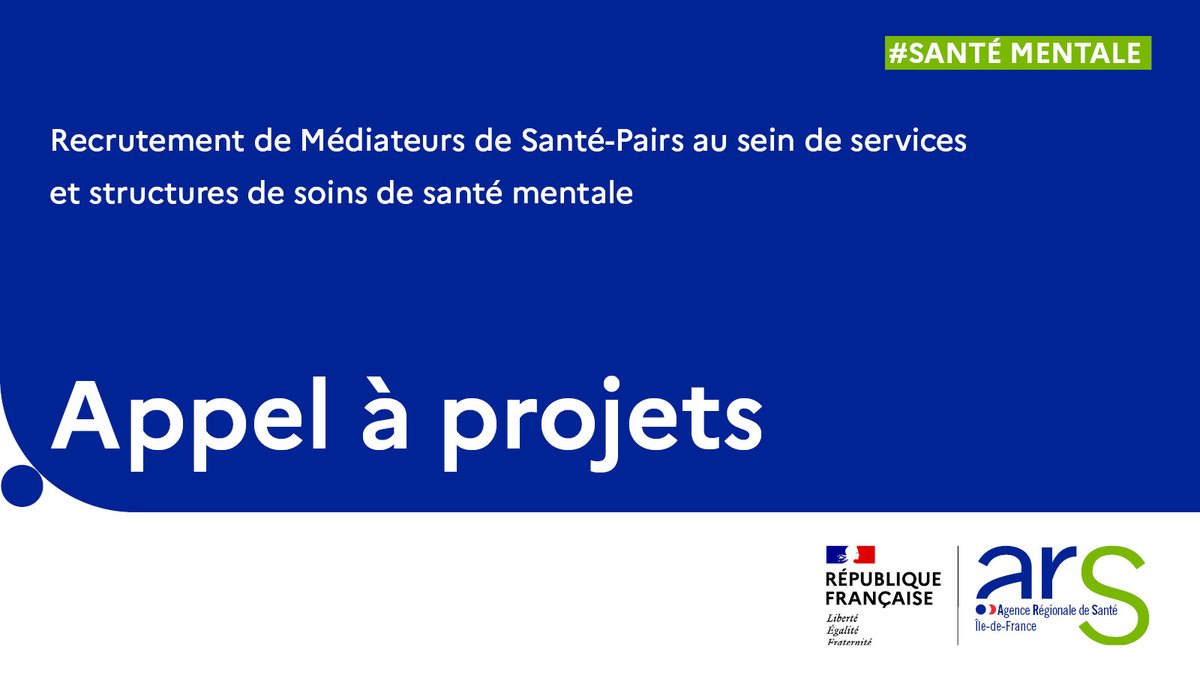 #AppelProjets 📣 | L'Agence lance un appel à projets pour le recrutement de Médiateurs de Santé-Pairs au sein de services et structures de soins de santé mentale.
📆 Réception des candidatures jusqu'au 30 septembre 2022 !
↪️ Toutes les infos : bit.ly/3ObutY4