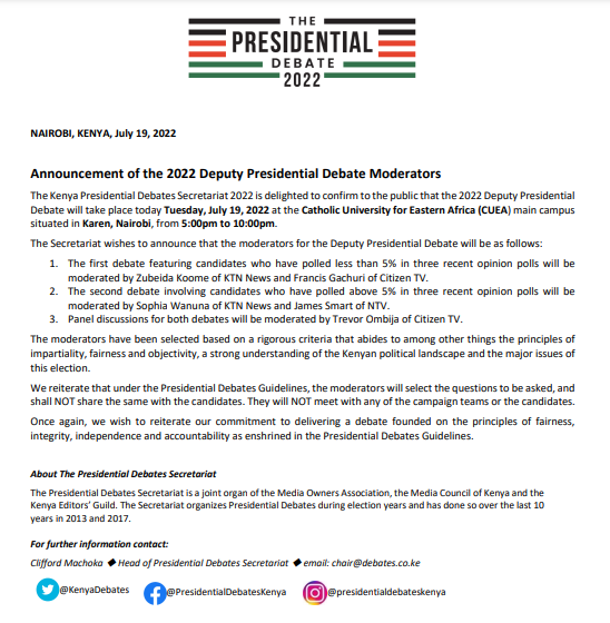 KenyaDebates's tweet image. Zubeida Kananu of KTN News and Francis Gachuri of Citizen Tv to moderate debate of deputy presidential candidates Justina Wambui Wamae of Roots Party and Ruth Wambui Mucheru of Agano Party

#DeputyPresidentialDebate2022
#PresidentialDebatesKe2022