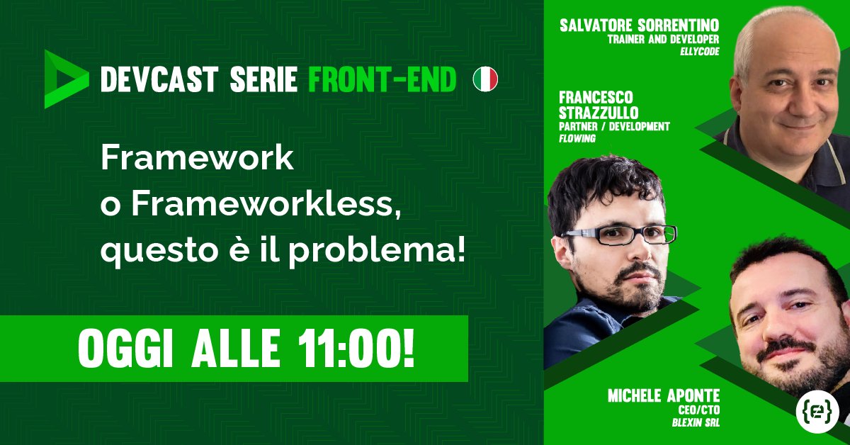 CodemotionIT's tweet image. Oggi nell&apos;ultimo episodio #DevCast con @csharpnapoli, @TheStrazz86 e @apomic80 scoprirai qual è il migliore framework #FrontEnd e quali sono i trend principali, con uno sguardo anche al mondo del component driven development! Non perderlo! 👉live.codemotion.com/devcast/svilup… #Frameworkless