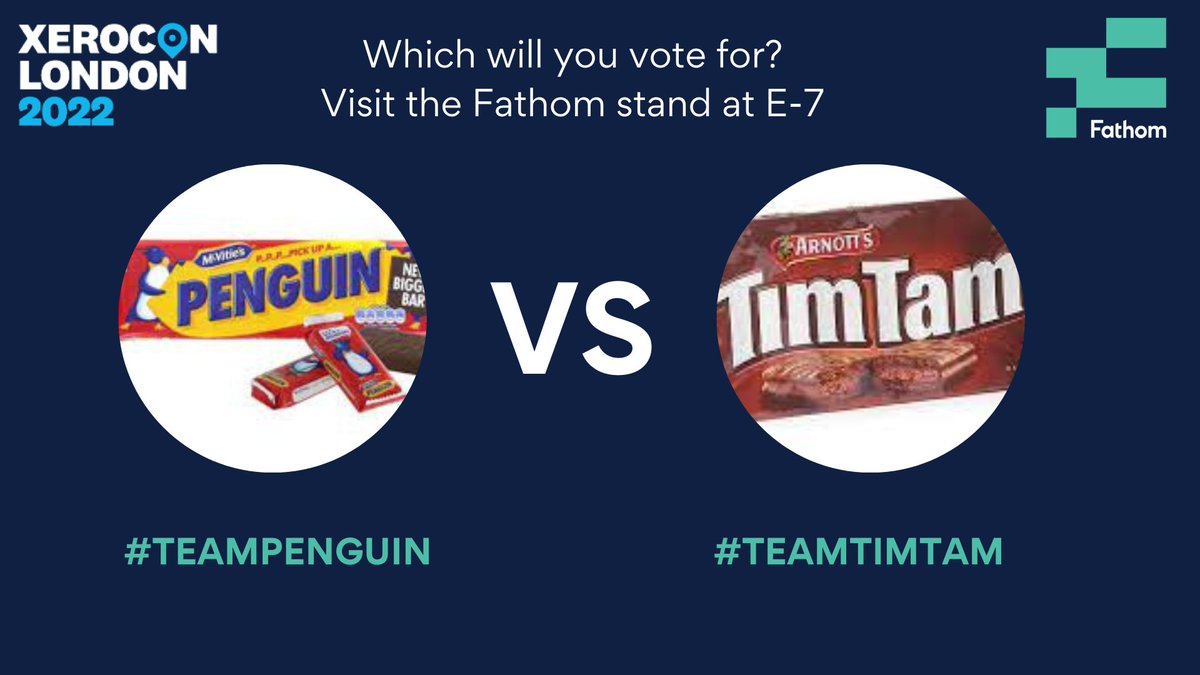 Just for a bit of fun at #xerocon we are looking to see which chocolate biscuit will be crowned the winner. Pop by the <a href="/fathomhq/">Fathom</a> stand E-7 and make your choice.
#TEAMTIMTAM 🇦🇺 or #TEAMPENGUIN 🇬🇧