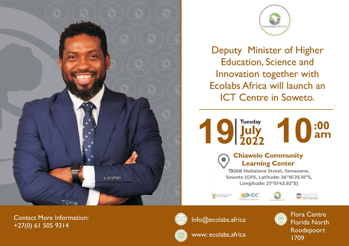Deputy Minister <a href="/ButiManamela/">Buti Manamela</a> together with <a href="/Ecolabs5/">Ecolabs Africa</a> will launch an ICT Centre this morning at Gauteng CET College, Chiawelo Community Learning Centre in Senaoane, Soweto