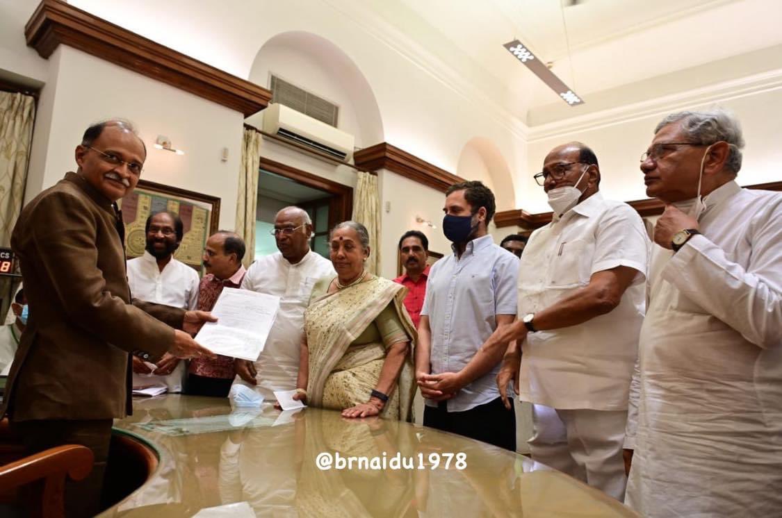 brnaidu1978's tweet photo. Vice-Presidential candidate Smt. Margaret Alva files her nomination papers at Parliament,

Alongside Shri @RahulGandhi &amp; all party leaders 👇 https://t.co/iRdM7JWYKx