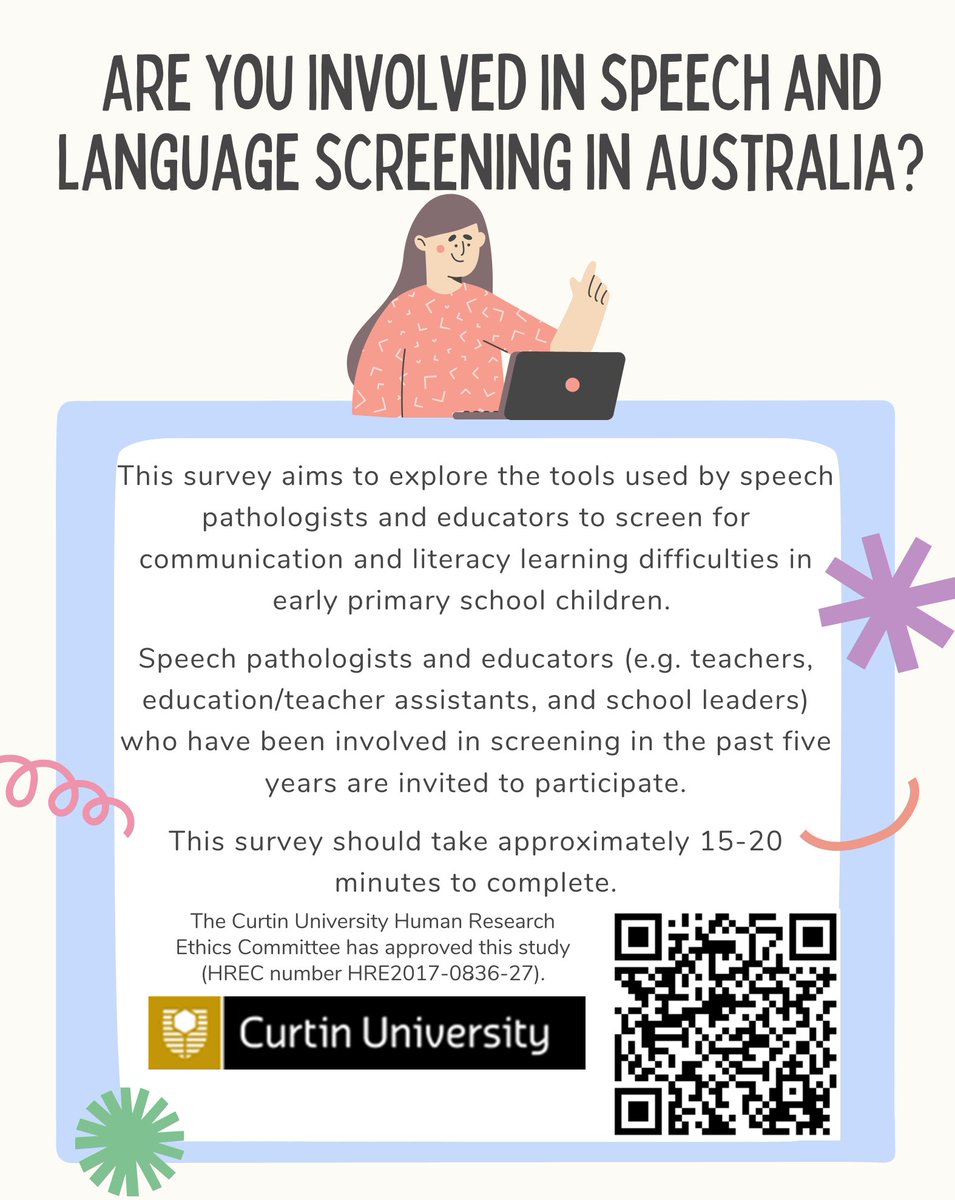 Emily M Jackson SLP (@emilymayjackson) on Twitter photo 🚨Survey alert!🚨
Are you an #SLP or #educator in Aus? Have you been involved in speech, language, &/or literacy screening for children in early primary school? If so, please complete our ethically approved survey (15-20mins) #wespeechies #primaryteaching
curtin.au1.qualtrics.com/jfe/form/SV_9o… 🚨Survey alert!🚨
Are you an #SLP or #educator in Aus? Have you been involved in speech, language, &/or literacy screening for children in early primary school? If so, please complete our ethically approved survey (15-20mins) #wespeechies #primaryteaching
curtin.au1.qualtrics.com/jfe/form/SV_9o…