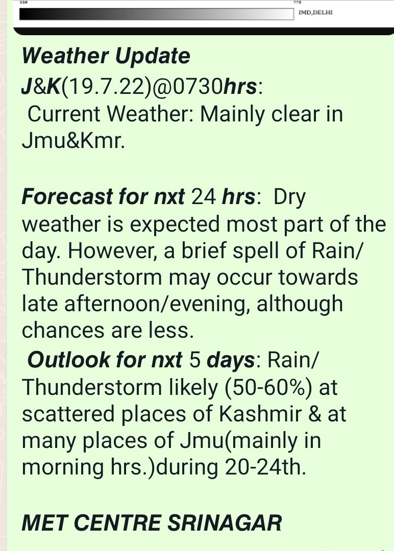 metsrinagar's tweet photo. 𝙒𝙚𝙖𝙩𝙝𝙚𝙧 𝙐𝙥𝙙𝙖𝙩𝙚 𝙅&amp;𝙆:
Today, weather will be mainly Hot &amp;Dry.
Recommend: All sorts of Agri/Horticulture activities.. 
𝙁𝙤𝙧𝙚𝙘𝙖𝙨𝙩 𝙛𝙤𝙧 𝙣𝙭𝙩 5 𝙙𝙖𝙮𝙨: Scattered Rain/Thunderstorm.. https://t.co/MGFteJuT6S