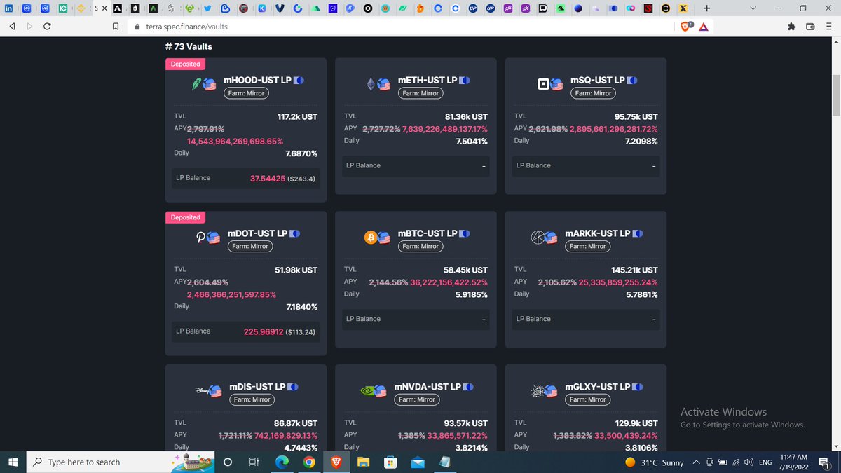 MILK89134427's tweet photo. Can some please help me explain how this is possible?  14.5 TRILLION % APY for $mHOOD - $USTC LP pair???   
7.6 TRILLION % APY for $mETH - $USTC LP pair????
On Spectrum Protocol on Terra Classic

#DeFi 
#UST https://t.co/Emsy3hgLgN