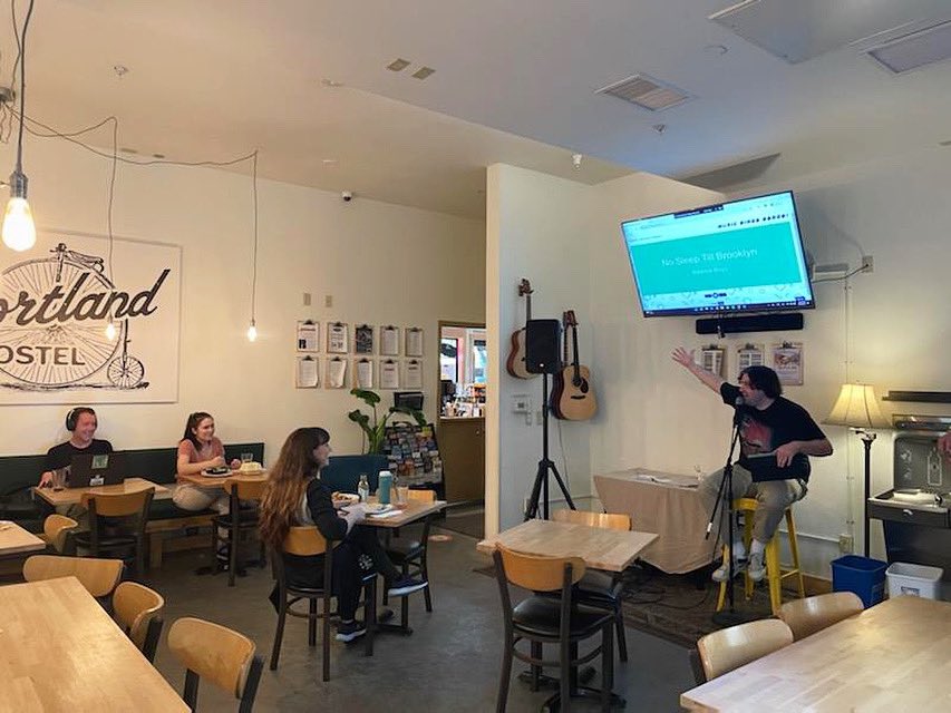 HostelCafePDX's tweet photo. Join us for Music Bingo Night 6-8pm every Friday! 🎶
 
It’s a new event at the Hostel Cafe &amp; folks are loving it! The rules are simple: Instead of numbers we play clips from songs &amp; see if you have the artist’s name on your bingo sheet. It’s free to play, plus prizes for winners! https://t.co/r7Onl7mliy