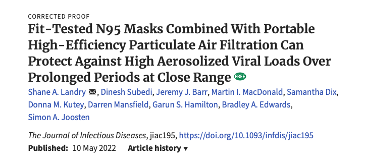Fit tested N95s + HEPA filters work
"We found that the combination of a N95 mask that passed a quantitative fit-test and portable HEPA filter provided near complete protection against high viral aerosol loads at close range for prolonged periods of time"
academic.oup.com/jid/advance-ar…