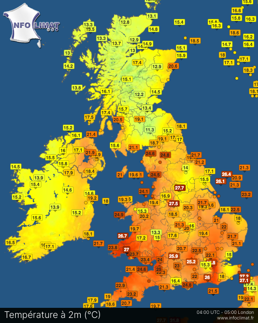 La nuit la plus chaude au Royaume-Uni. 
Le record national de haute minimale (23,9°C) est largement battu.
Le record national de chaleur devrait être battu cet après-midi. #canicule 