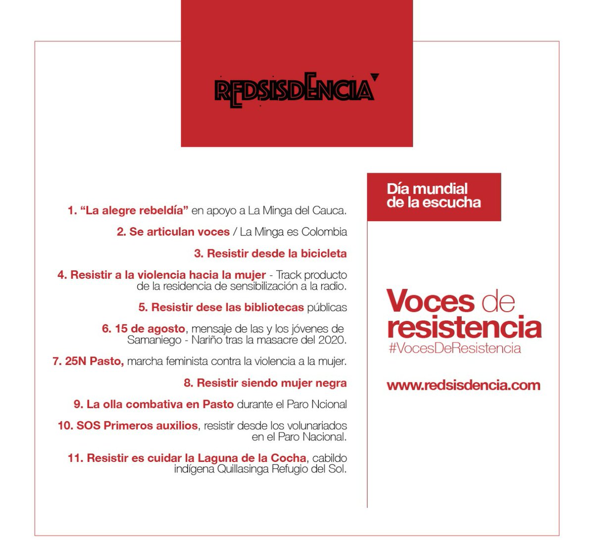 redsisdencia's tweet image. En el #DíaMundialDeLaEscucha les invitamos a escuchar #VocesDeResistencia, un archivo de conversaciones en torno al resistir desde perspectivas, formas y modos diversos. 

Escucha en redsisdencia.com