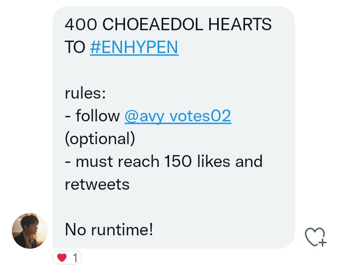 HOONSE0UL's tweet image. 400 CHOEAEDOL HEARTS TO #ENHYPEN 

rules: 
- follow @avy_votes02 (optional) 
- must reach 150 likes and retweets 

no runtime!