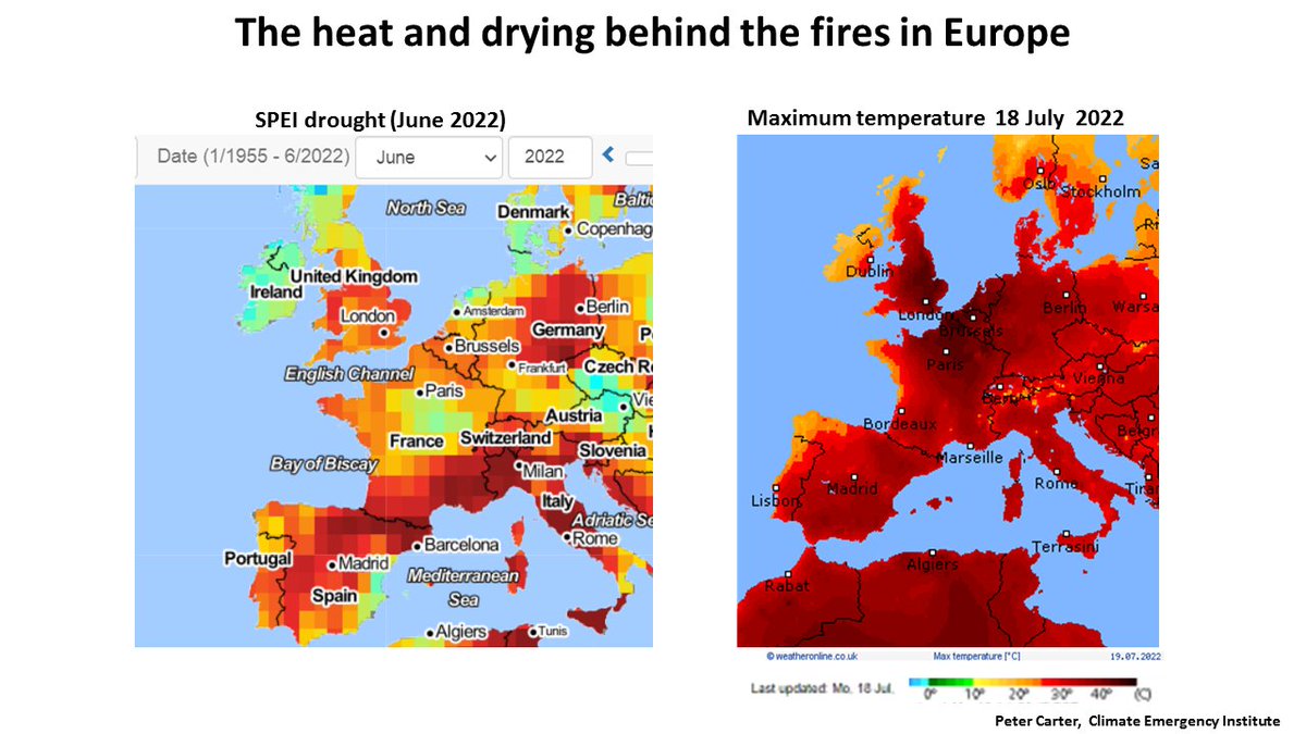 PCarterClimate's tweet photo. Europe is burning because of extreme heat and drying, which are projected to increase with global temperature. Europe has to go zero economic growth and zero fossil fuels fast, or a climate of devastating heat in the foreseeable future. 
#climatechange #fires https://t.co/5zXg1PHgKI