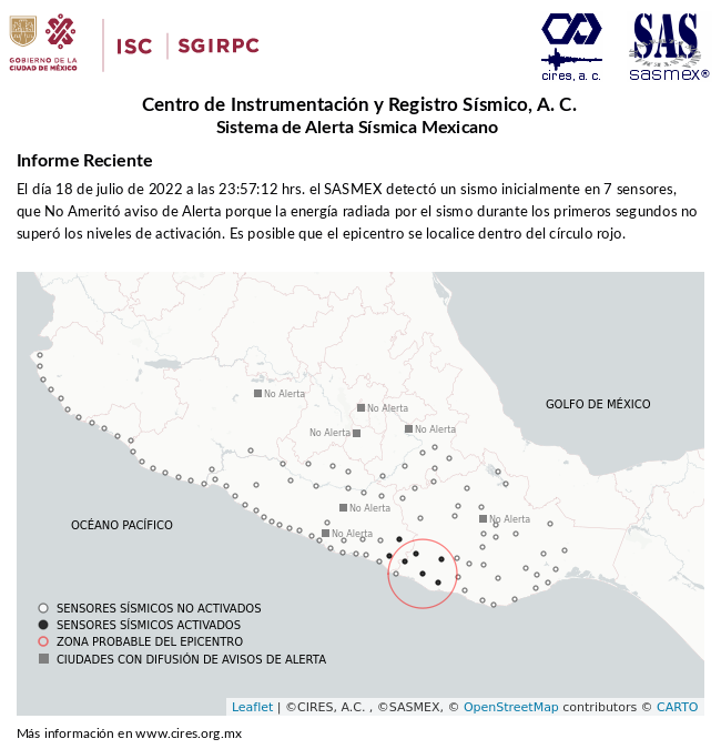 Informe preliminar del #Sismo del 18-jul-22 a las 23:57:12 hrs. Más información en cires.org.mx/reportes_sasme… #TenemosSismo #LaPrevenciónEsNuestraFuerza