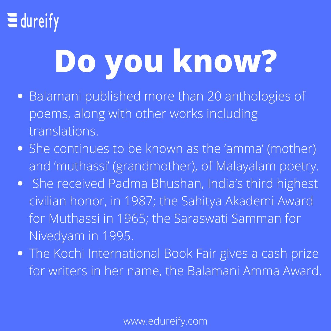 edureify's tweet photo. 113th Birthday- Balamani Amma

Amma was born in Punnayurkulam located in the Thrissur district of Kerala in 1909. 
.
.
#edureify #edureifykaropadhaikaro #banking #google #googledoodle #TrendingNews #railway #generalawareness #balamaniamma https://t.co/8dn6e9ccYV
