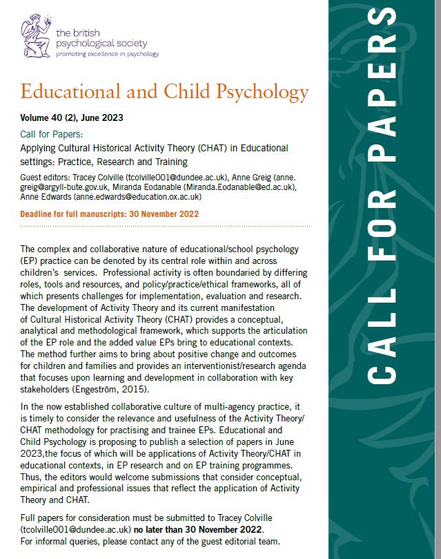 DECPOfficial's tweet photo. Educational and Child Psychology call for papers on:

Applying Cultural Historical Activity Theory in Educational settings

Share your work on practice, research and training ⬇️ #twittereps

https://t.co/Am7ll6hFGs https://t.co/VdlBofEeex