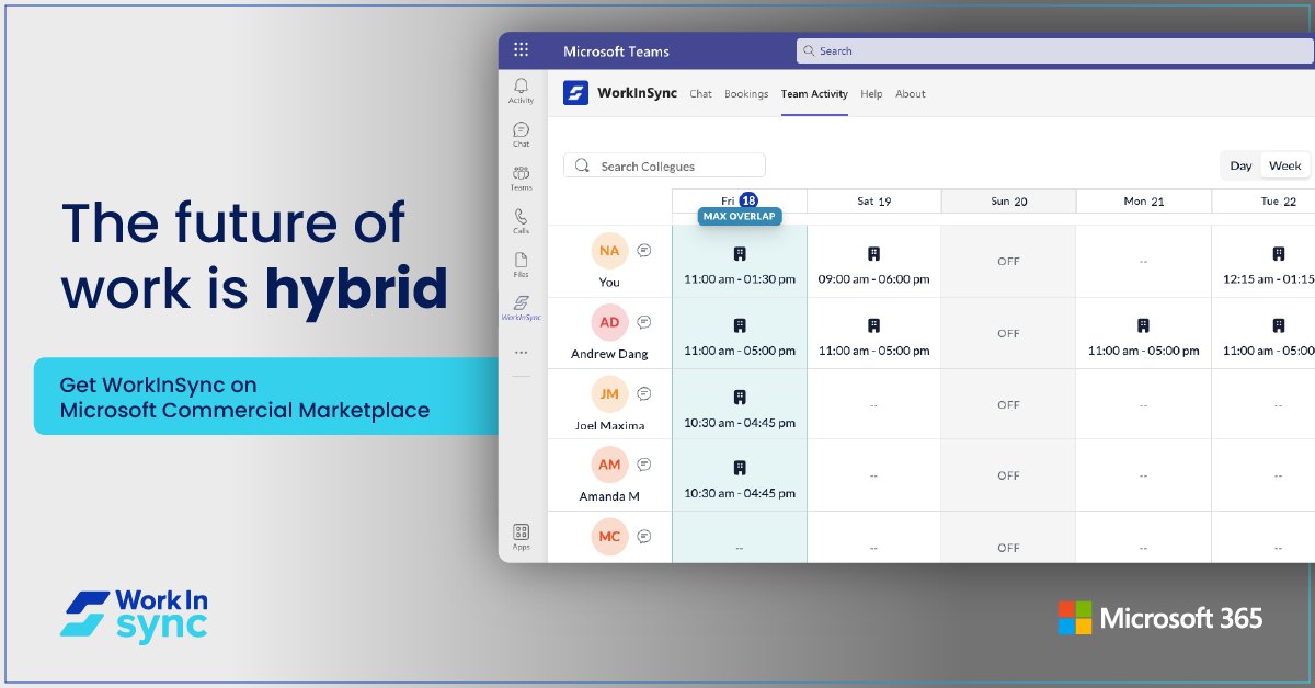 moveinsync_mis's tweet photo. What if we tell you that you don’t have to ask anyone in your team whether they are working from home or from the office! You will see it on Microsoft Teams (@Microsoft365) Activity Tab with #WorkInSync app integration.
Curious to know more: https://t.co/drC1fBhLP1
#HybridWork https://t.co/ktEAWynXbp