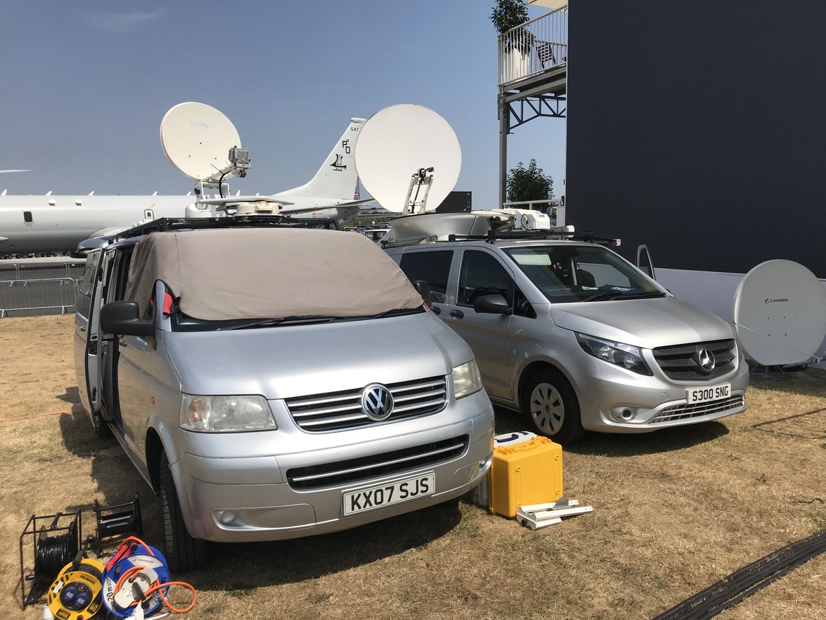 Mediaimpactltd's tweet photo. RonSAT ( on the left)  at Farnborough Airshow providing backup over Newsspotter to 4G for a static live position to US crew. https://t.co/JA0ClMzAEl