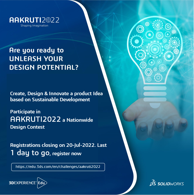 SOLIDWORKSIndia's tweet photo. Hurry up! Just one day to go for the registrations of #AAKRUTI2022. Give spark to your creativity and innovation to have a great chance to make a difference in the world. 

Register for the event: https://t.co/eo9mnZdvOL

#SOLIDWORKS #3DEXEdu #3DEXPERIENCEWorks #AAKRUTI2022 https://t.co/aKxvcVcYfA