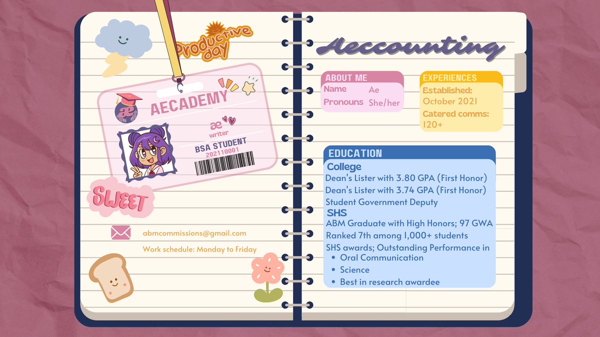 aeccountingg's tweet photo. ଘ(੭*ˊᵕˋ)੭* ̀ˋ Hey there, I’m Ae, BSA student! 

Check out my commsheet below for more information about my services ✿ ʕ •ᴥ•ʔ (New subject forte added!)

Feedbacks ✨ ~ https://t.co/wUfaQAXCxb https://t.co/b509Sl1jOk
