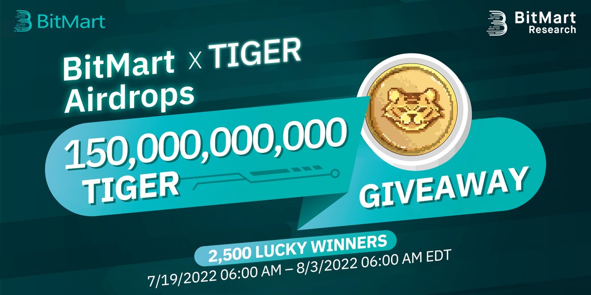 BitMart Research|$BMX HODLer (@bitmartresearch) on Twitter photo 🌟BitMart X TIGER Listing Airdrop!
1⃣Follow <a href="/BitMartResearch/">BitMart Research|$BMX HODLer</a> & <a href="/Jungleking_NFT/">JungleParty | 🌲Forest Ranger is Minting!</a>
2⃣Join t.me/BitMartExchang… & t.me/Junglepartyoff…
3⃣RT & Tag 3 friends
4⃣Fill out:bit.ly/3aM0M1Z
🥳150,000,000,000 $TIGER/2,500 winners
Register👉datasink.bitmart.site/t/j 🌟BitMart X TIGER Listing Airdrop!
1⃣Follow <a href="/BitMartResearch/">BitMart Research|$BMX HODLer</a> & <a href="/Jungleking_NFT/">JungleParty | 🌲Forest Ranger is Minting!</a>
2⃣Join t.me/BitMartExchang… & t.me/Junglepartyoff…
3⃣RT & Tag 3 friends
4⃣Fill out:bit.ly/3aM0M1Z
🥳150,000,000,000 $TIGER/2,500 winners
Register👉datasink.bitmart.site/t/j