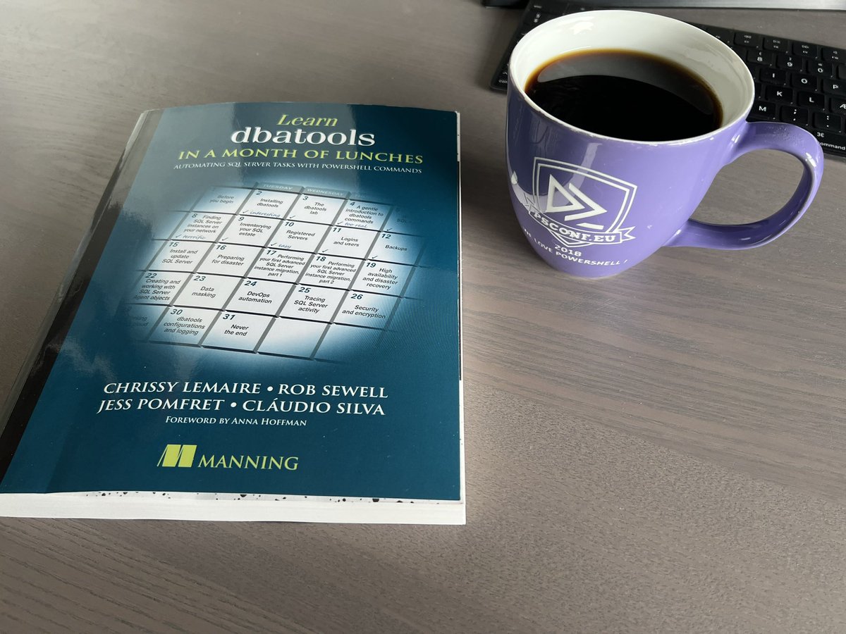 FlemmingRohde's tweet photo. Can’t wait for lunch - have to get started. Learning more about SQL one #PowerShell cmdlet at a time 👍Big shout out for finsihing this book. @cl @sqldbawithbeard @jpomfret @ClaudioESSilva https://t.co/nCwgo4GRUN