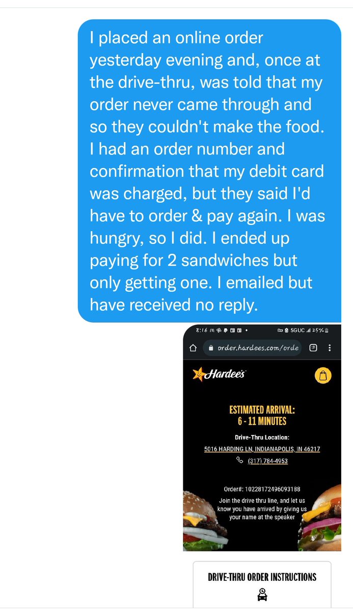 KimbyIndy's tweet photo. @Hardees I sent this DM on 6/1/22. Still nothing. That $ wasn't a donation. I was supposed to get something in return. WTF? https://t.co/6HhR4zHNFt