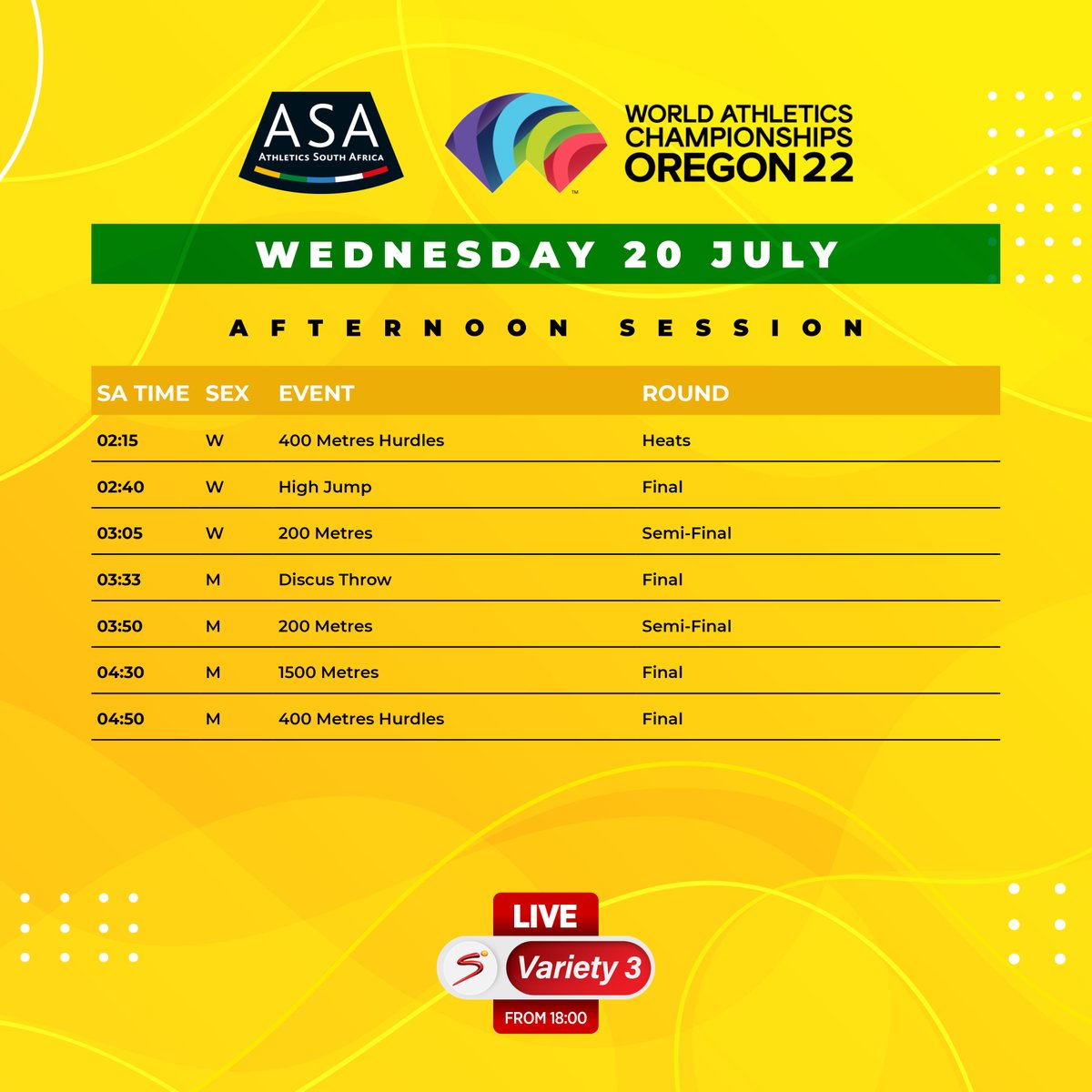 AthleticsSA_'s tweet photo. Schedule for Day 5 of the 2022 World Athletics Track &amp; Field Championships being held in Eugene, Oregon.
#WorldT&amp;FChamps #BringItHomeMzansi #Oregon22 https://t.co/yeHnrDvYww