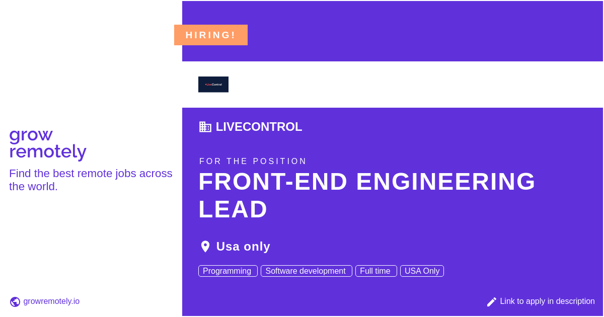 growremotelyio's tweet image. Check out this job at LiveControl for the position Front-end Engineering Lead.

 Apply link: growremotely.io/?id=62d5f6a983…

#hiring #remotejobs #LiveControl #Programming