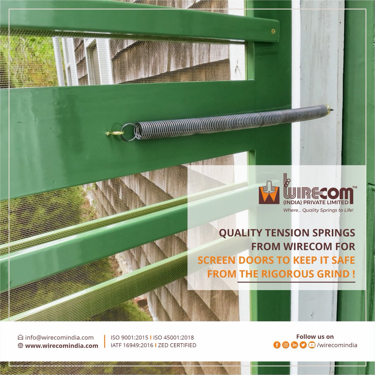 WirecomIndia's tweet image. A Function is so simple yet so critical. Screen Door Springs may be used indoors as well as outdoor. Our Screen springs ensure that these lightweight doors perform as required.

#screendoor #screendoorspring #doorspring #doorhardware #wirecomspring #springs #wireforms