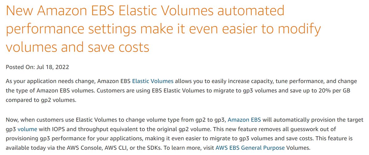 #AWS #Storage saving tip: Now you can use EBS Elastic volume to automate and ease your transition from gp2 to gp3 volumes and save up to 20% per GB compared to gp2 volumes  go.aws/3IReXja