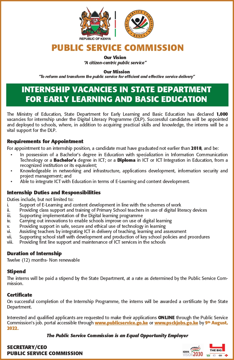 PSCKenya's tweet photo. JOB  ALERT!!

Recruitment of Interns under the Public Service Internship Program Program (PSIP) Cohort (V) is now Open. 

Over 3000 opportunities.  Deadline 9th August 2022. https://t.co/MTKCyuLpI6