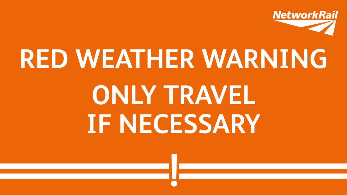 🔴 A red weather warning is in place today ⚠️ Only travel by train if absolutely necessary ℹ️ More info ➡️ bit.ly/3zdlMIl