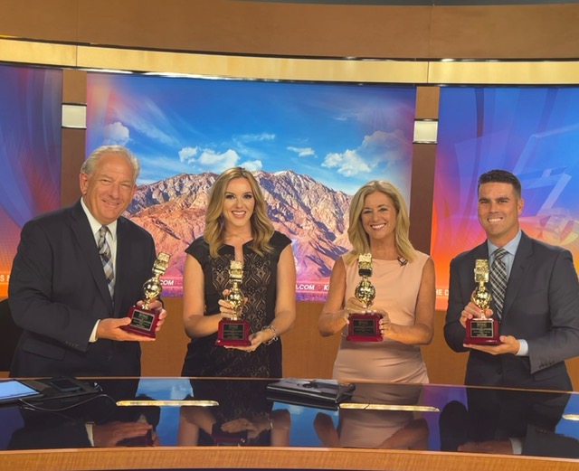 This was trophy day at the station.  We're celebrating our recent Golden Mike from RTNA for Best TV News Broadcast, 30 minutes or less in our division.
Karen Devine KESQ Haley Clawson KESQ Blake Arthur KESQ
