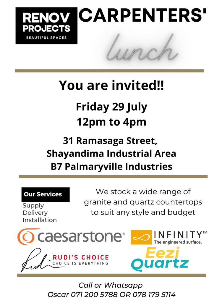 RenovProjects's tweet image. We are hosting a lunch for carpenters in Shayandima next Friday. Come through to view our range of quartz countertops and for some networking and good food. #carpenter #renov #VhuvhambadziDrive