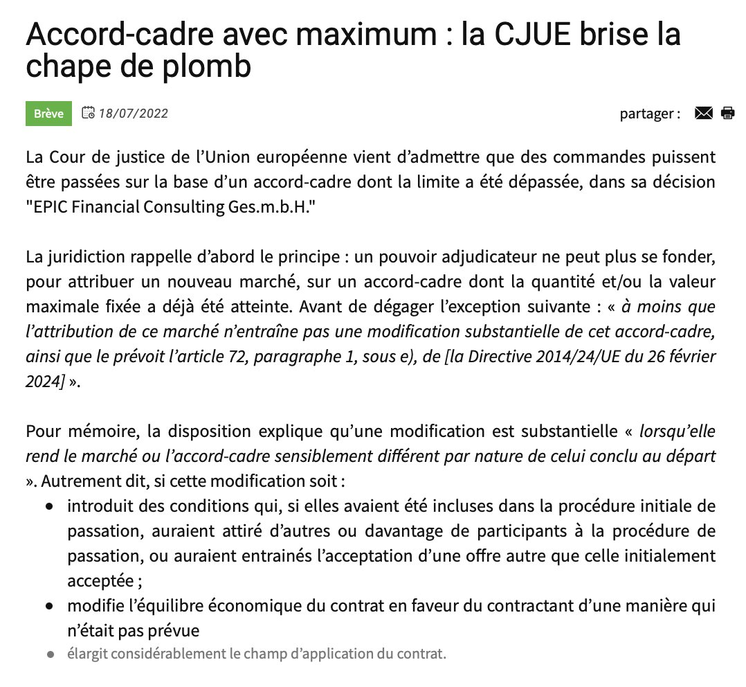 achatpublicinfo's tweet image. 📰 A lire ou à relire #CommandePublique : La Cour de justice de l’Union européenne vient d’admettre que des commandes puissent être passées sur la base d’un accord-cadre dont la limite a été dépassée... #MarchésPublics #CJUE achatpublic.info/actualites/bre…