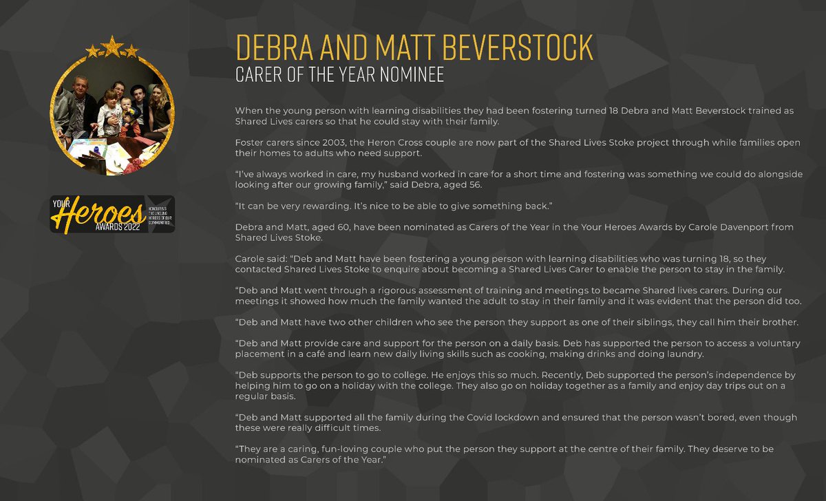 Martin Tideswell (@martintideswell) on Twitter photo ⭐️🏆 Congratulations to Matt and Debra - our latest <a href="/Heroes_Awards/">Your Heroes Awards</a> nominees! Please help us to celebrate our communities and nominate your unsung heroes and groups here: yourheroesawards.co.uk/nominate/ #YH2022 <a href="/SoTCityCouncil/">Stoke-on-Trent CC</a> <a href="/CFStaffordshire/">Community Foundation Staffordshire & Shropshire</a> @StaffsUni 💛 ⭐️🏆 Congratulations to Matt and Debra - our latest <a href="/Heroes_Awards/">Your Heroes Awards</a> nominees! Please help us to celebrate our communities and nominate your unsung heroes and groups here: yourheroesawards.co.uk/nominate/ #YH2022 <a href="/SoTCityCouncil/">Stoke-on-Trent CC</a> <a href="/CFStaffordshire/">Community Foundation Staffordshire & Shropshire</a> @StaffsUni 💛