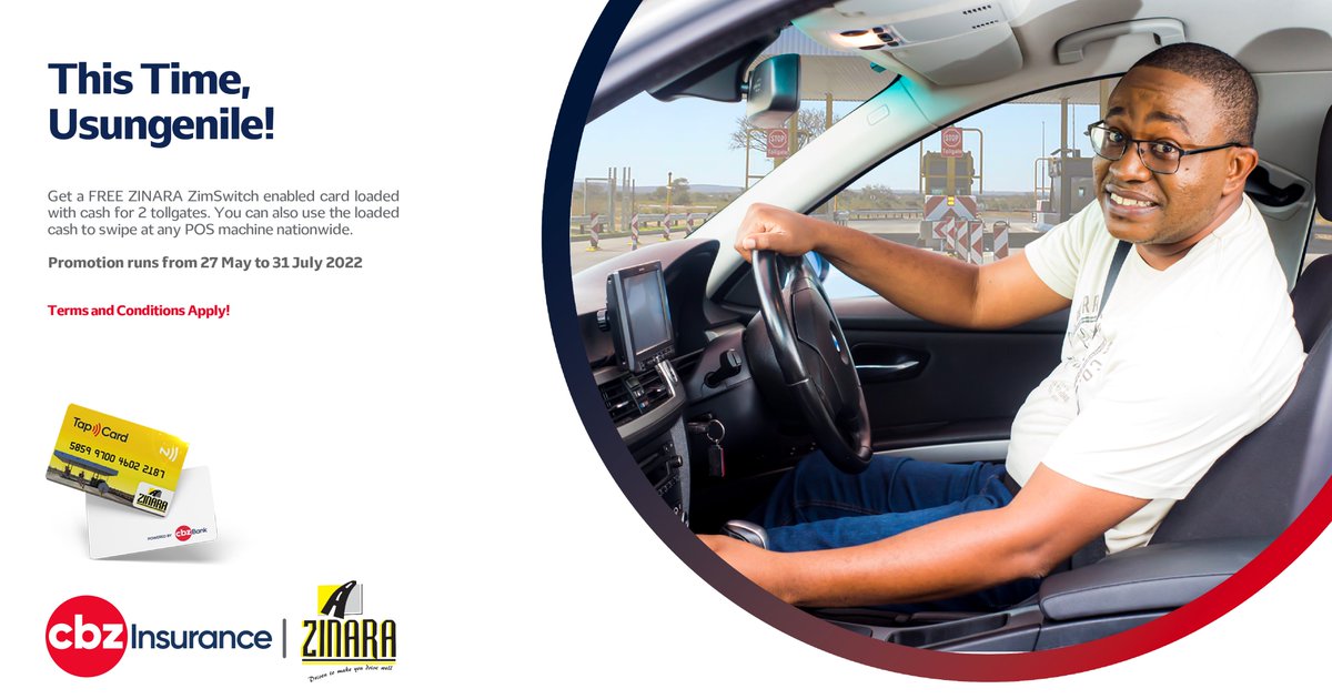 CBZHoldings's tweet photo. Get a FREE ZINARA ZimSwitch card loaded with cash for 2 tollgates!
You can also use the loaded cash to swipe at any POS machine nationwide.
#PartnersForSuccess
#CBZInsurance https://t.co/O667EuArAN