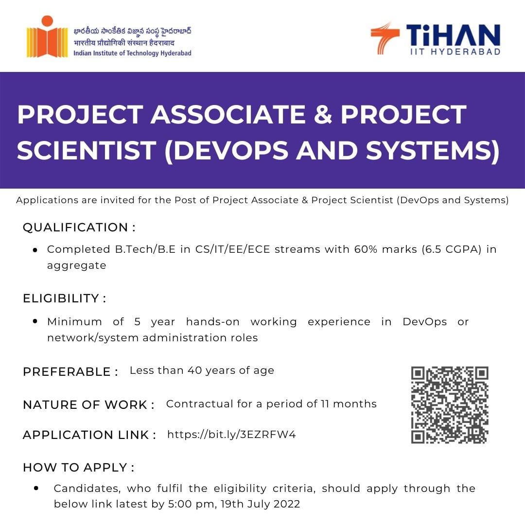 Applications are invited for the Post of Project Associate & Project Scientist (DevOps and Systems)

More details visit here : tihan.iith.ac.in/2022/05/05/pro…

#dst #nmicps #tihan #iithyderabad #projectassociate #projectscientist #recruitment #sangareaddy #patancheru

@IITHyderabad