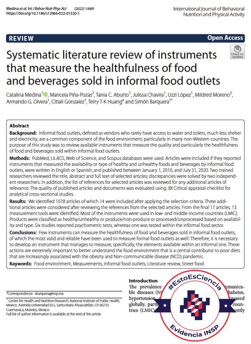 En el <a href="/1CINyS/">CINyS - INSP</a>-<a href="/inspmx/">INSP México</a> realizamos una revisión sistemática sobre instrumentos que evalúan la calidad nutricional de alimentos en puntos de venta informales. 
Encontramos 13 herramientas, consulta el estudio completo en:
doi.org/10.1186/s12966…
#OrgulloINSP #OrgulloCINyS