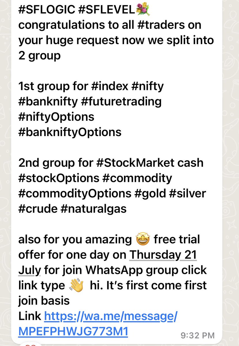 mangofruiter's tweet photo. #SFLOGIC #SFLEVEL💐 congratulations to all #traders 

 🤩 free trial offer for one day on Thursday 21 July for join WhatsApp group click link type 👋  hi. It’s first come first join basis 

Link https://t.co/cCGl0Vohz6

@CA_MANJUNATH @CHAshishrajput @1801Gaurav @Investors_hub24 https://t.co/Q6eptVRAr0