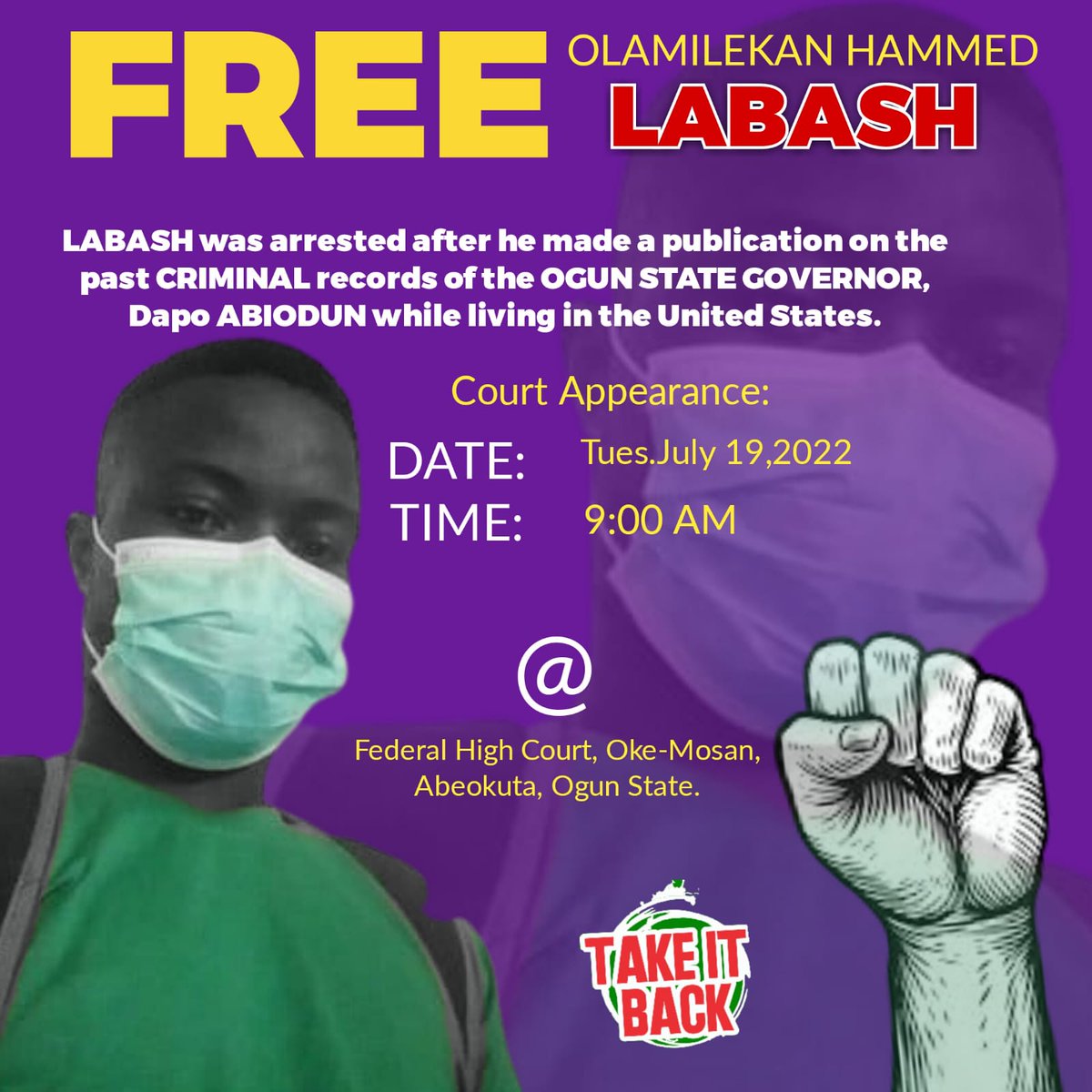 ifemosumichael's tweet photo. .@lahbash4real will be appearing before Justice Oguntoyinbo Oluremi of the federal high court abeokuta. Labash has been in prison for over a month. It is high time @dabiodunMFR stop using state powers to continually keep labash in prison. Journalism isn't a crime. #FreeLabash https://t.co/hf0lSuJ4vz